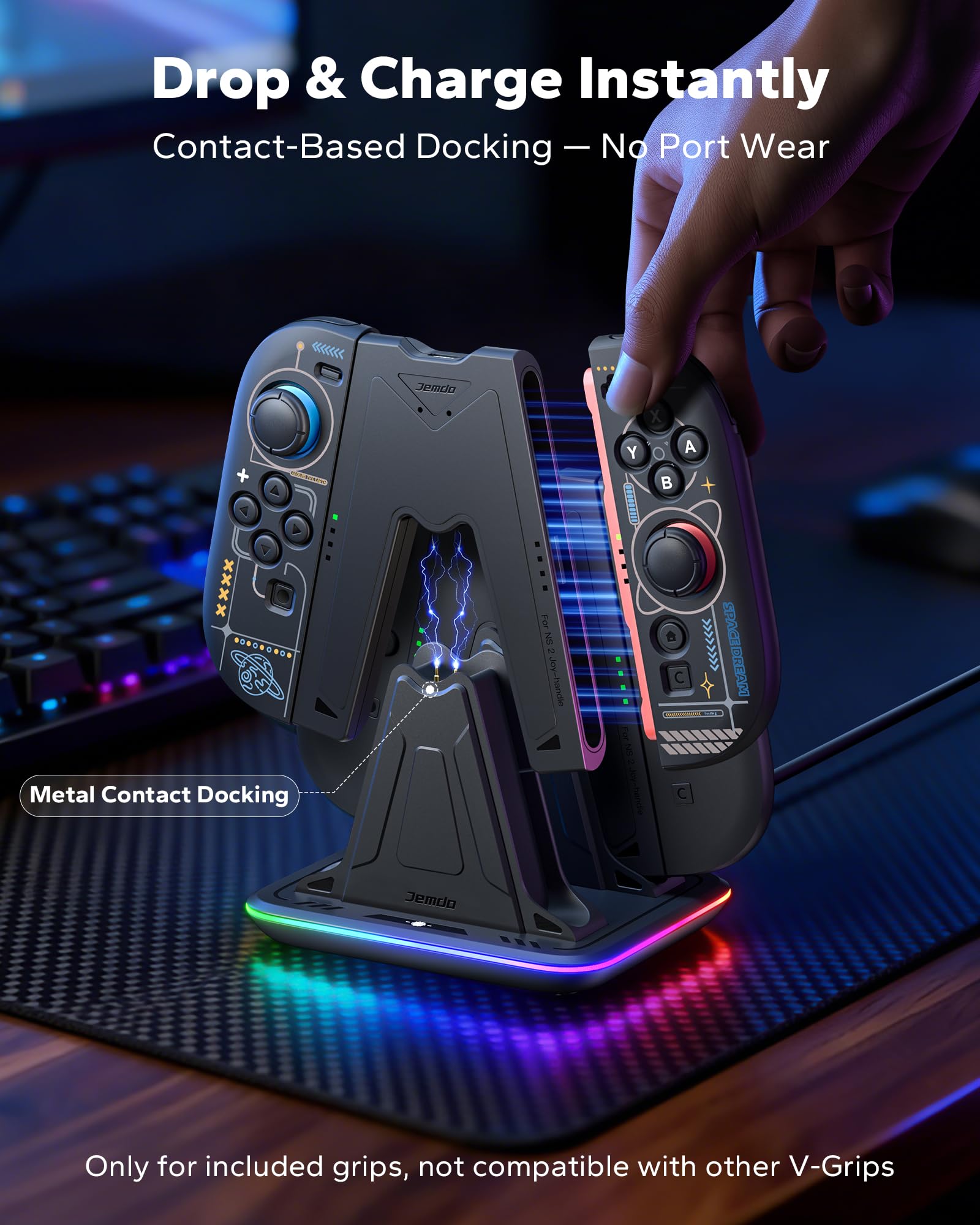 JEMDO Station Charge Manette Switch 2 - Support de Recharge Joy Con 2 avec 2 Grips Magnétiques, 9 Modes RGB, Indicateur LED, USB-C, Play & Charge, Accessoire Idéal pour Voyage