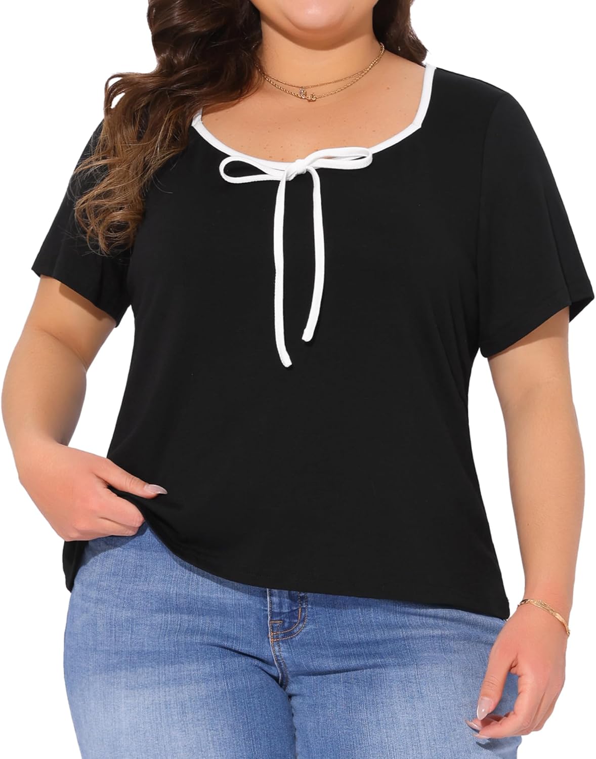 (Similar to photo)Agnes Orinda Plus Size Blouse for Women Sweetheart Neck Contrast Trim Tie Knot Short Sleeve t Shirts Trendy Tops Tee 4X Black