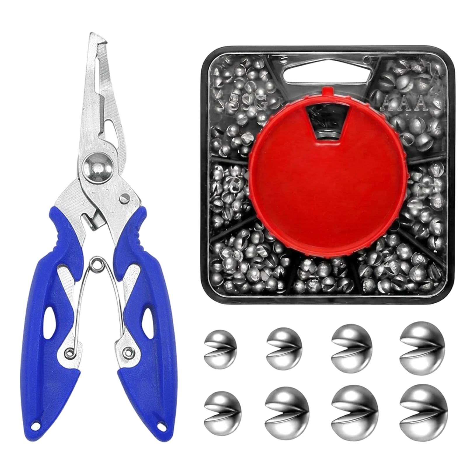 89PCS Split Shot Fishing Weights, 7-Way Dispenser Fishing Tackle Set with Pliers, Fishing Weights, Durable Split Shot for Deep-Water Fishing and Precision Casting, Compact 9x9 Cm Storage