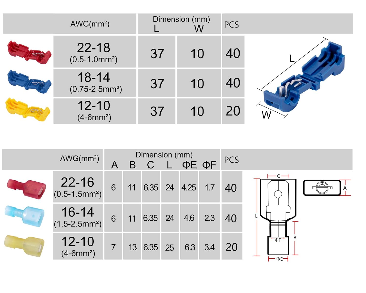 Ginsco 200 Pcs/100 Pairs T-Tap Quick Splice Wire Terminals Self-Stripping with Nylon Fully Insulated Male Quick Disconnects Kit 22-10 AWG