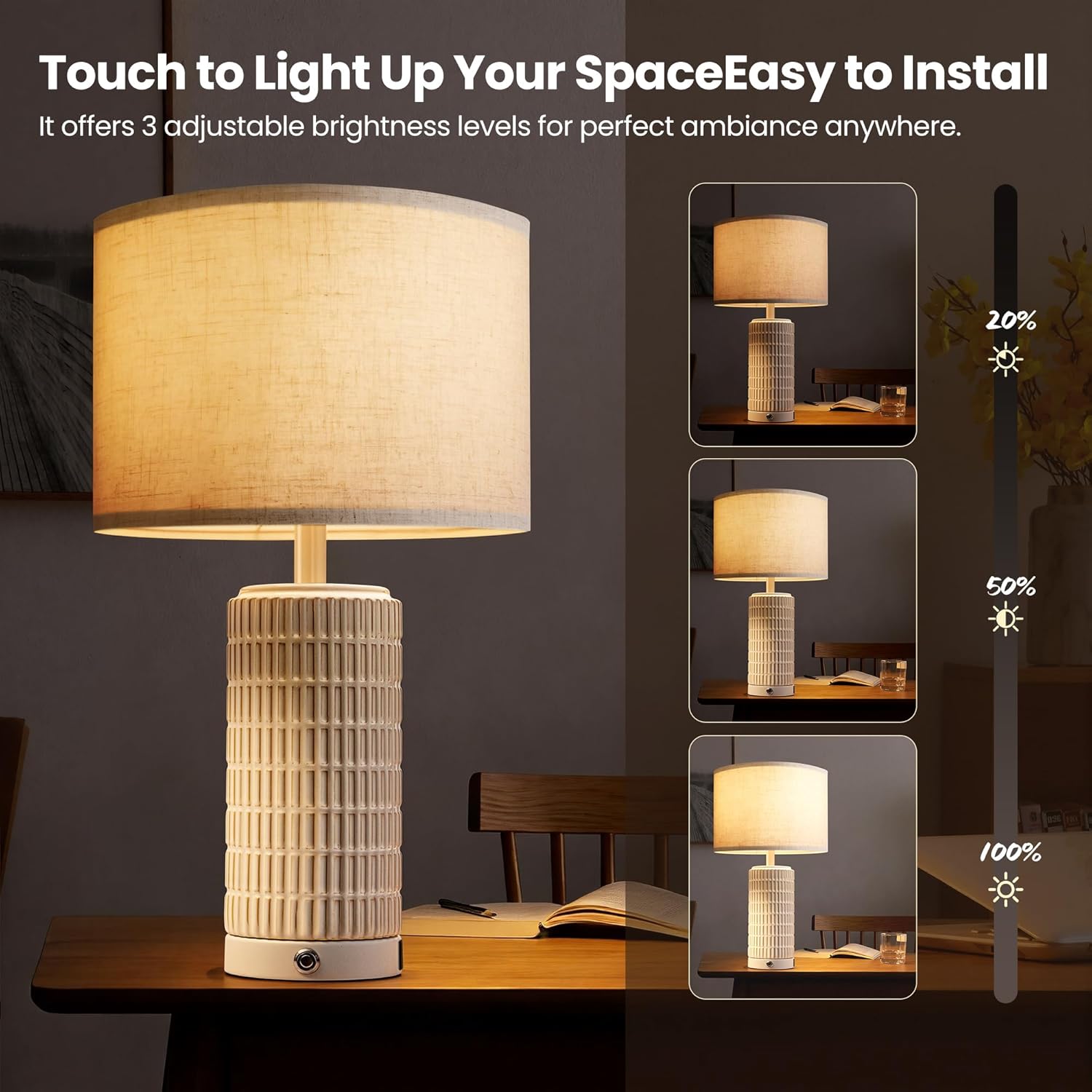 23" Touch Table Lamps Set of 2 with USB-C Ports - Ceramic Bedside Lamp for Bedroom - Modern Farmhouse Dimmable Lamp for Living Room - White and Beige Boho Nightstand Light for Home Decor and Lighting