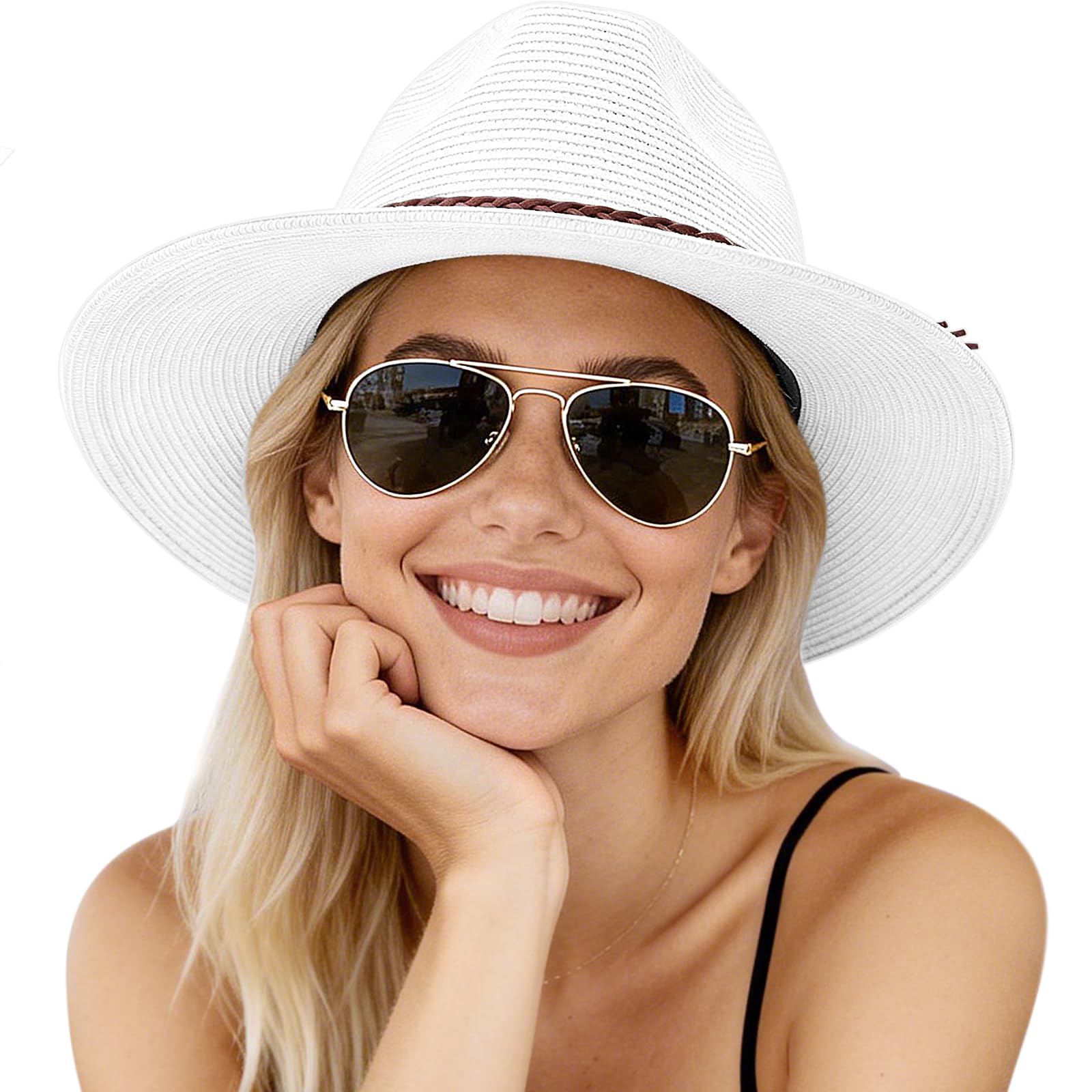 DRESHOW Women Straw Panama Hat Travel Fedora Beach Sun Hat Summer Wide Brim Roll up Hat UPF 50+