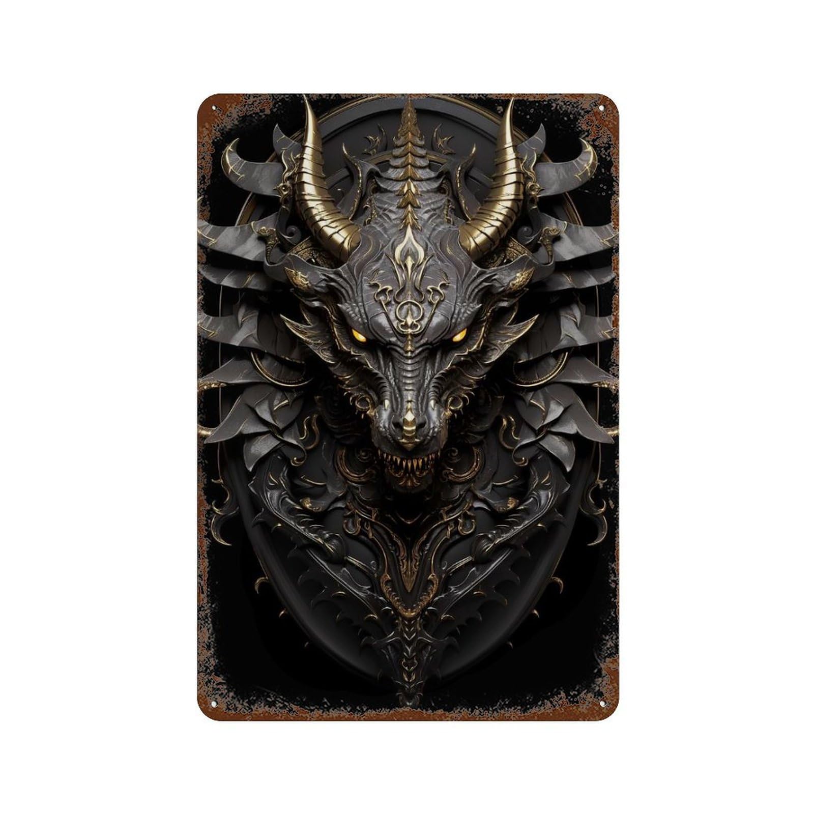 Black Golden Devil Dragon Rusty Metal Tin Sign 11.8"x7.9", Vintage Wall Decor for Garage, Pub Or Kitchen