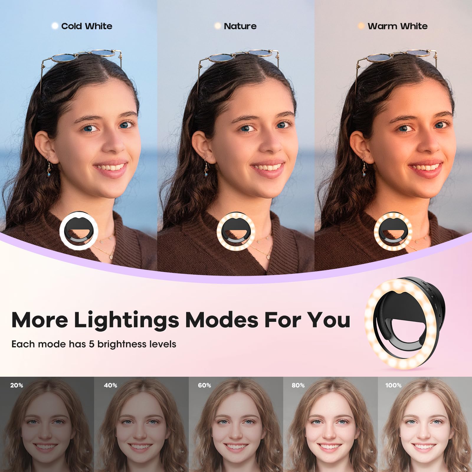 RealPlus Ring Light Téléphone, Selfie Anneau Lneux Rechargeable avec