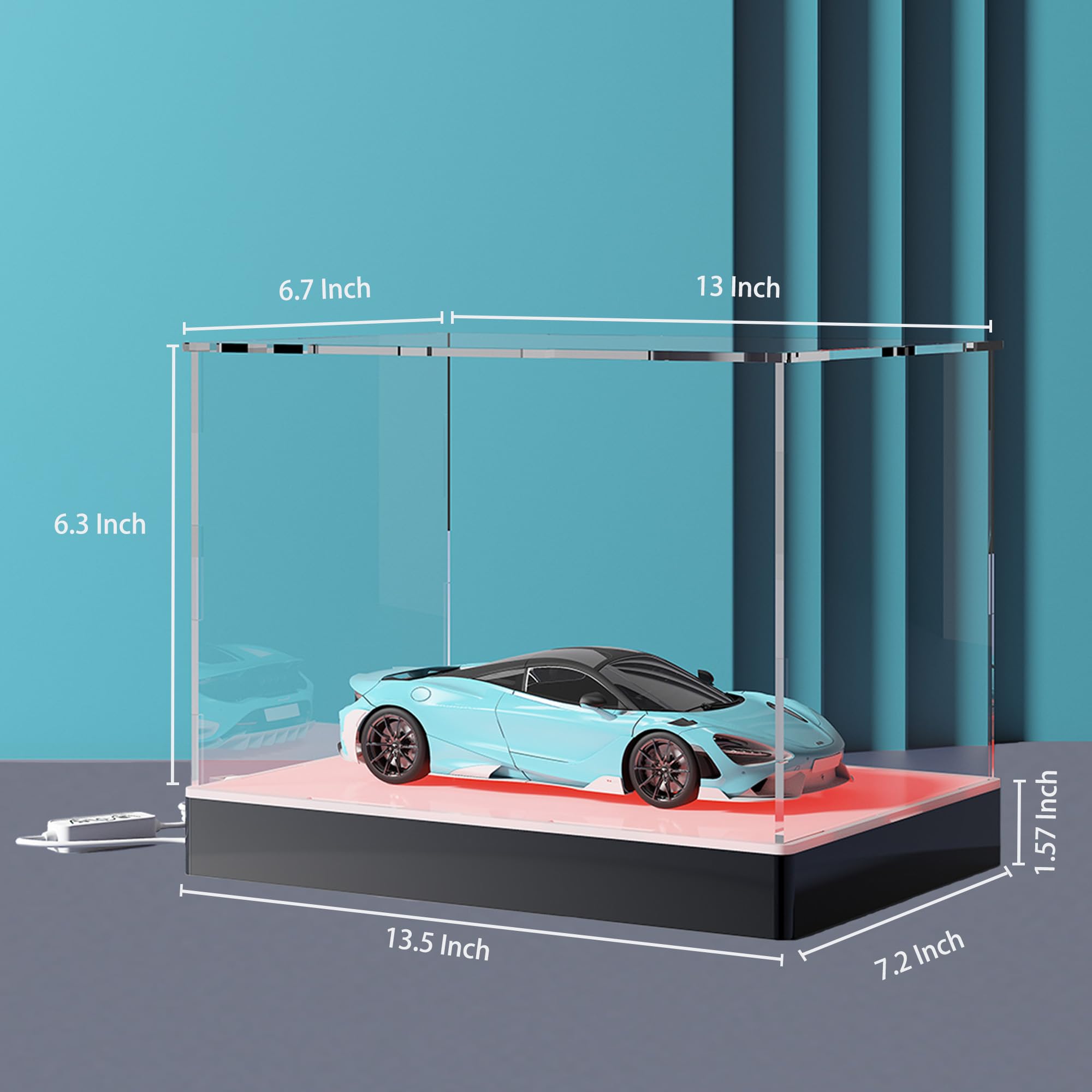 Clear Acrylic Display Case with RGB Lights for 1:18 Scale Model Cars, Lighted Up Acrylic Show Case for Displaying Diecast Cars and 1/24 Car Toy, 13''(L) x6.7''(W) x6.3''(H
