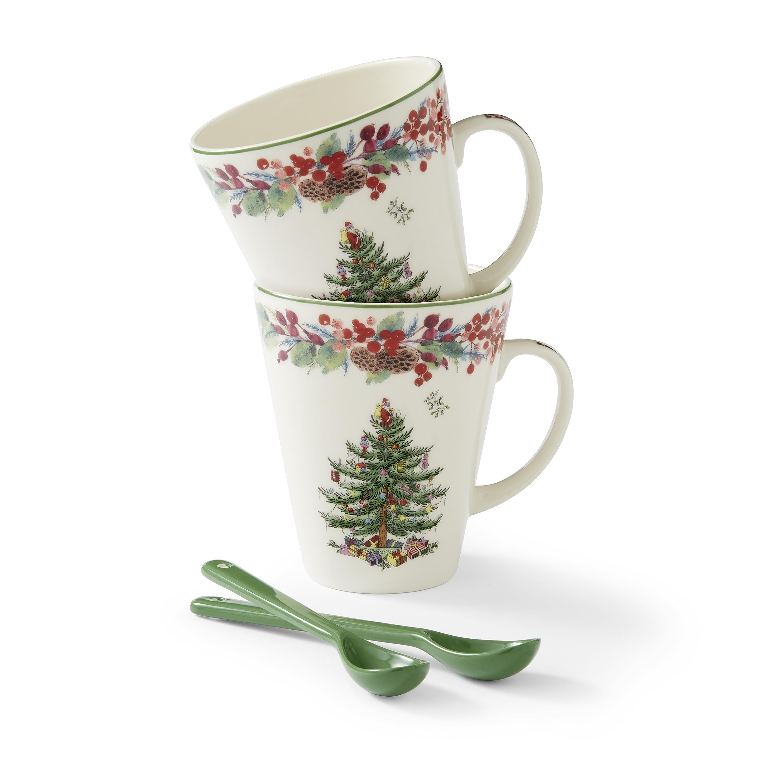 Spode Kerstboom 2023 Jaarlijkse 4-delige mok en lepelset | Kerstmokken - Magnetron & Vaatwasmachinebestendig | Leuke koffiemokken | Porseleinen koffiekop & lepel | 13oz koffiemok