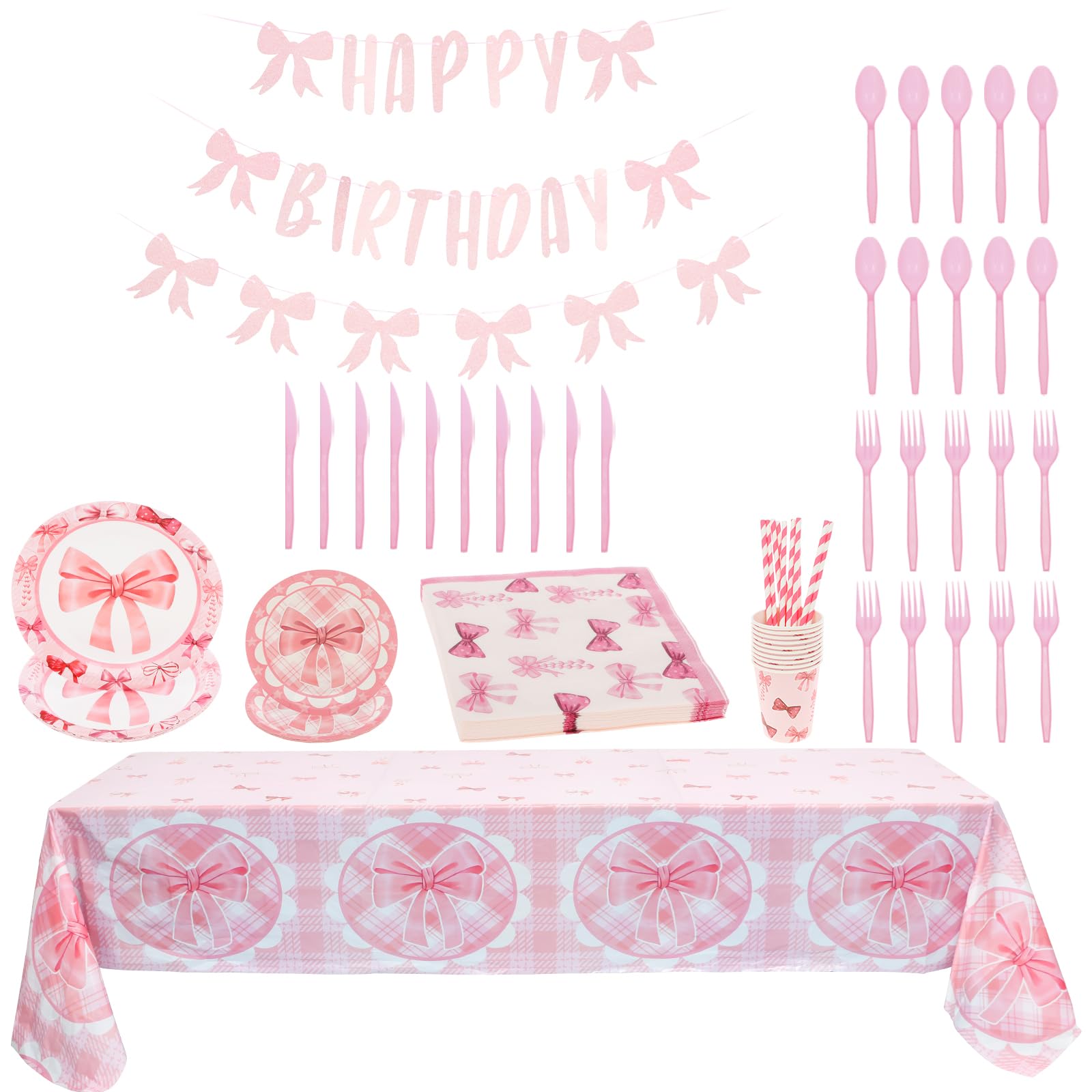 Pink Bow Birthday Party Supplies Serve 10, Coquette Birthday Decorations Includes Bow Banner, Tablecloth, Plates, Napkins, Cups, Straws, Knife and Fork, Pink Party Supplies for Girls Party