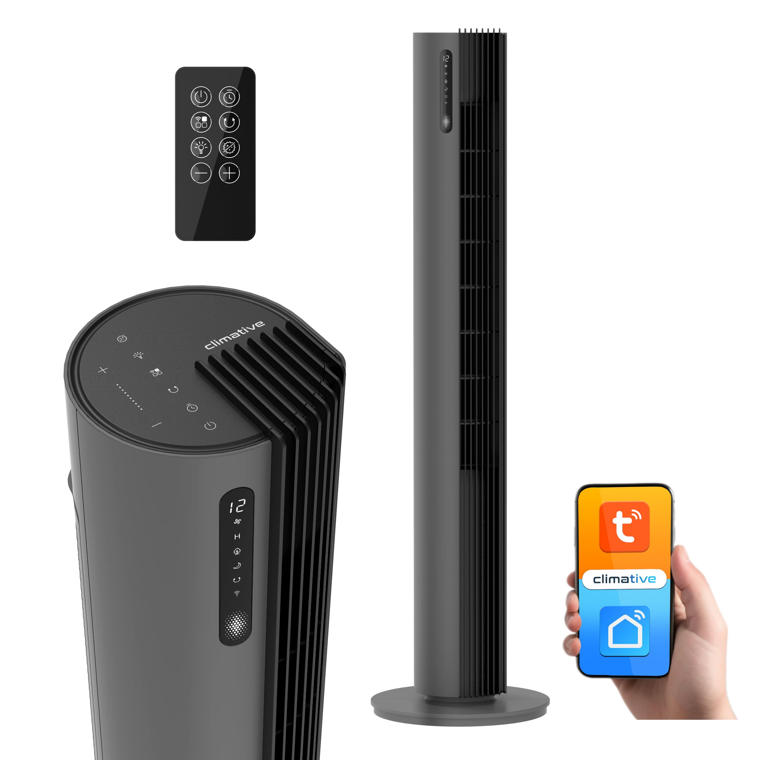 Turmventilator 110 cm PURE Plasma Ionisierung WiFi Tuya Smart Life, Energiesparender 30W DC-Motor, 12 Stufen, Timer, Standventilator sehr leise Ventilator mit Fernbedienung, Tower Fan Grau