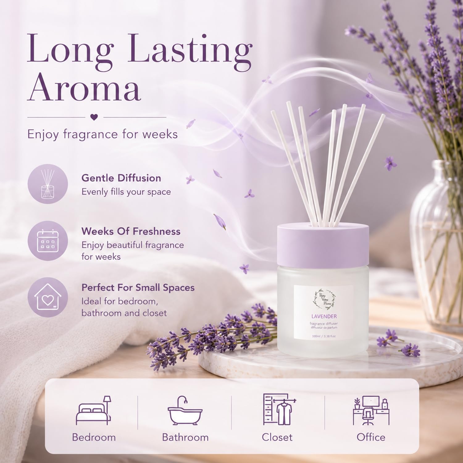 Set di diffusori a bastoncini, 100 ml, confezione regalo, include bastoncini diffusori, olio profumato e bottiglia di vetro, per bagno, ufficio, soggiorno (lavanda)