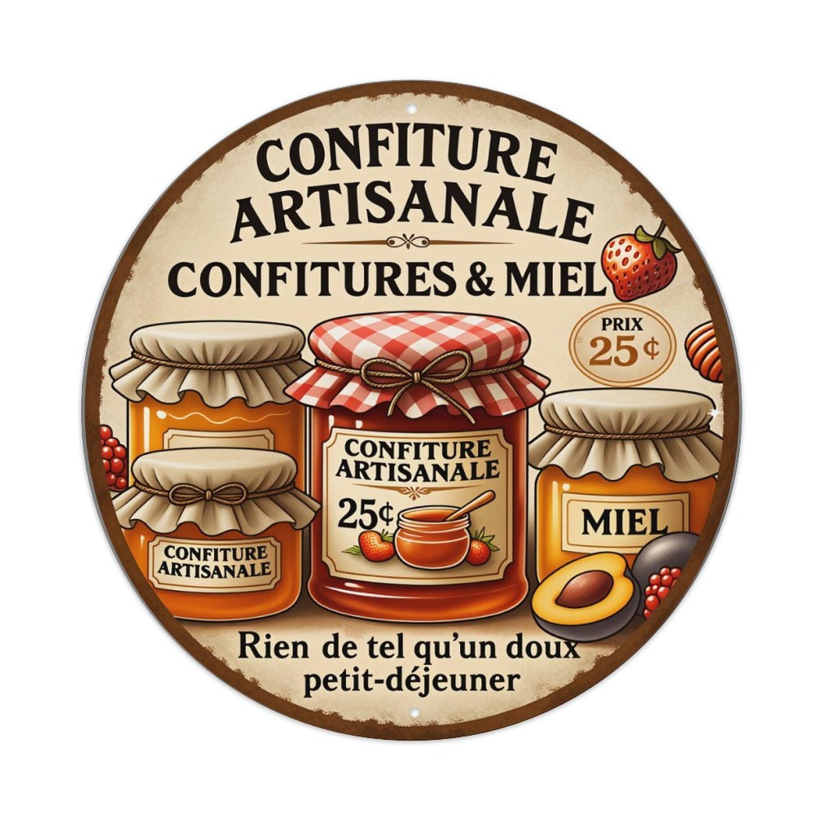 Lzwbntey Vintage Artisanal Jam Honey Fruits Jars Metal Tin Sign Retro Wall Decor For Home Bar Garage Cafe, Indoor & Outdoor Decorative，Circle Metal Poster, 8X8 Inch
