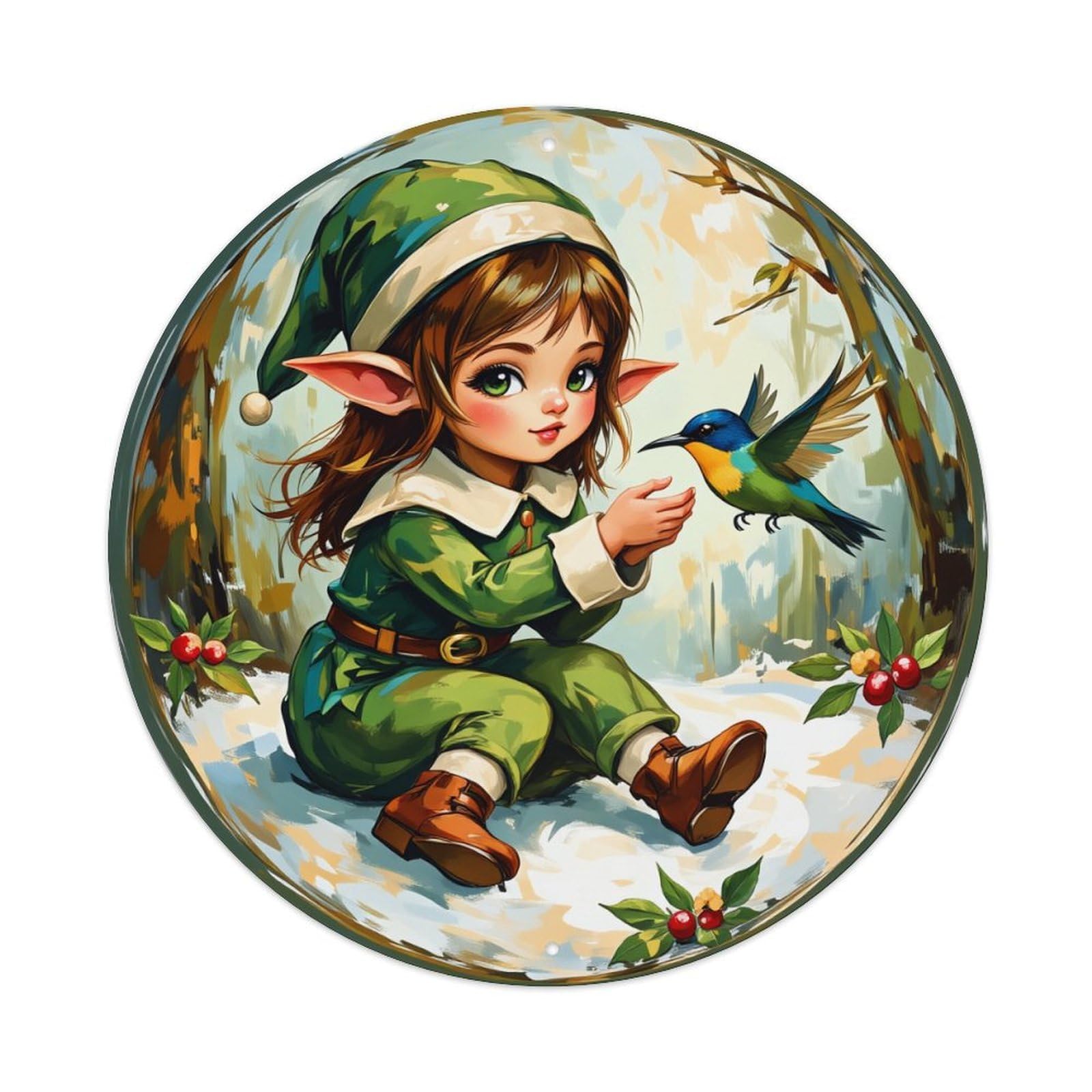 Elf Girl With Bird In Snow Round Tin Sign Vintage Metal Poster, Home Bar Garage Man Cave Cafe Indoor & Outdoor Wall Decoration 8x8Inches
