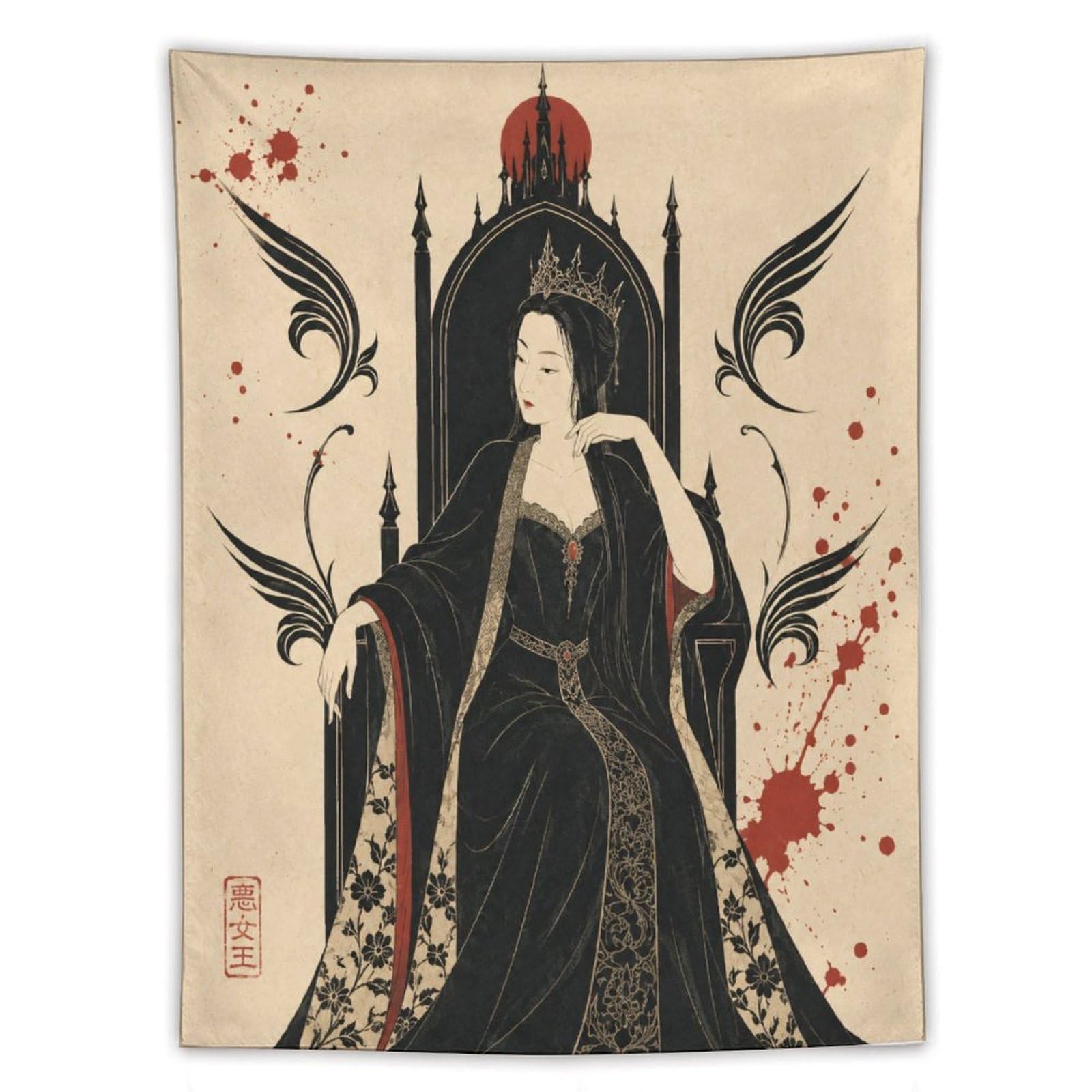 H3B8U2Y5 Gothic Queen on Throne Wall Tapestry, Gothic Oil Style, Backdrop