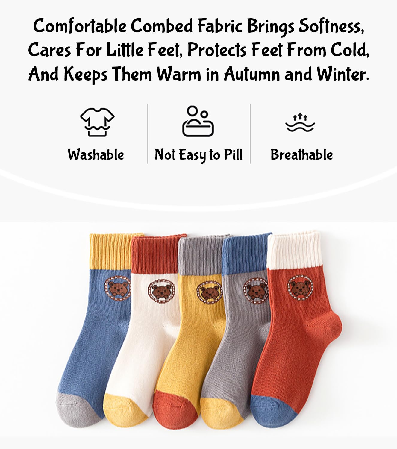 SYGA 5 Pairs Baby Socks, Toddlers Infant Cotton Stretch Crew Socks with Brown Bear Design, Suitable for 0-2 Years baby 4