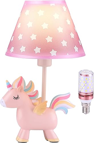 Linda lámpara de unicornio para dormitorio de niñas, lámpara de mesita de noche para niños con 3 modos de color LED Blub y sombra, luz nocturna de