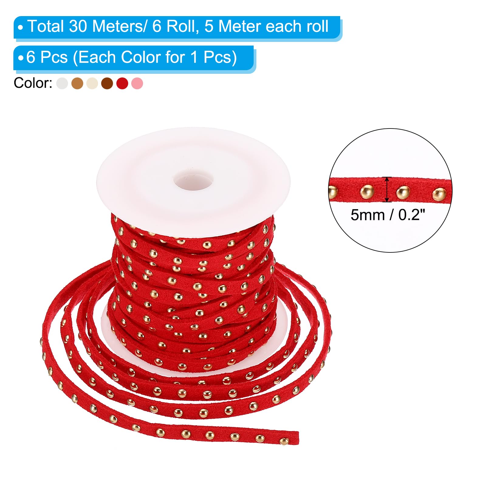 PATIKIL 32.8 Yards Studded Faux Suede Cord Rope for Jewelry Making 6Pcs Each 5m 5mm Gold Rivets, Red/Light Brown/Pink/White/Brown/Beige - Image 2