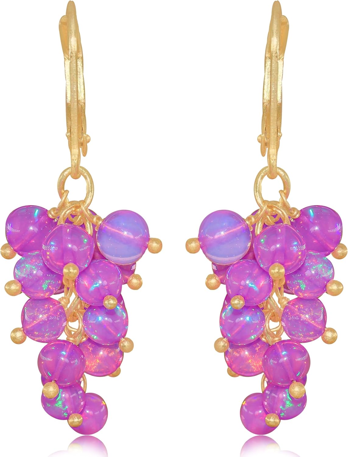 GOODSTONE JEWELS 925 Sterling Silver Multifire Opal Beaded Cluster Earrings for Women, Leverback Dangle Earrings, Gold Plated Handmade Jewelry, October Birthstone Multicolor Opal Jewelry Gift for Her