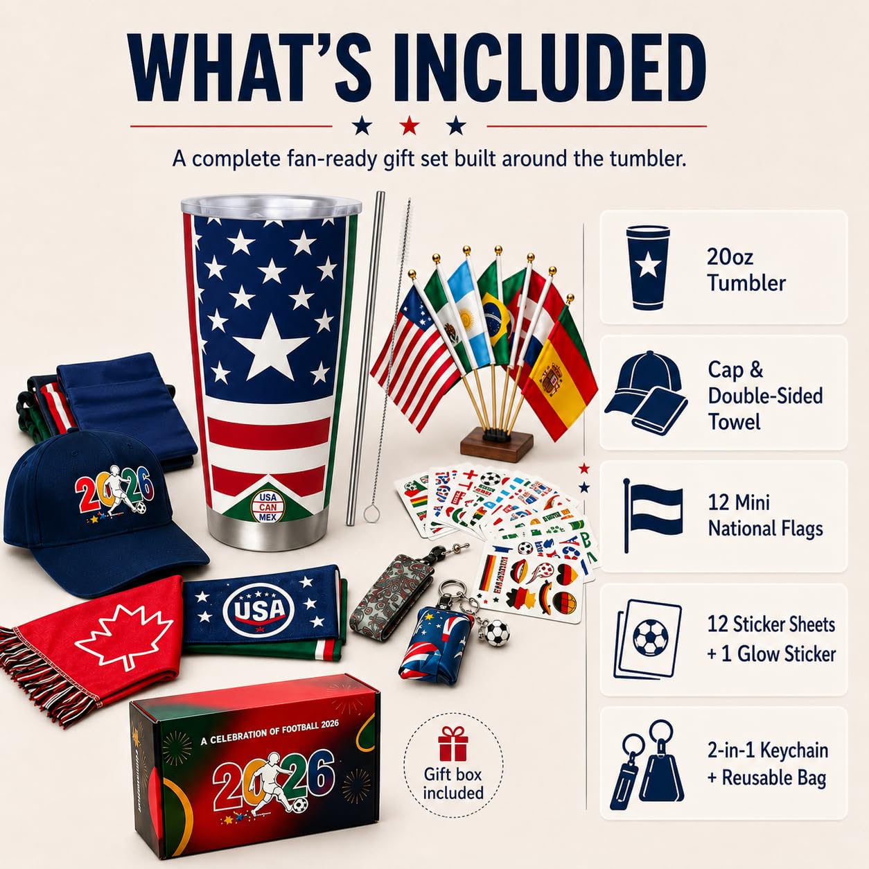Kit per fan della Coppa del Mondo di calcio 2026, confezione da 30 pezzi, set di accessori premium con 12 bandiere nazionali, 13 adesivi a tema, berretto, bicchiere, asciugamano, portachiavi e borsa