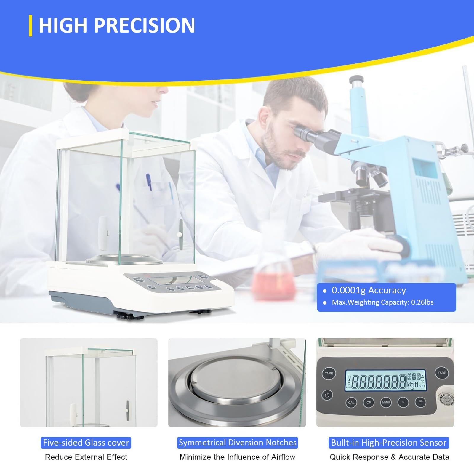 0.0001g Precision Lab Scale, 120g capacità Equilibrio analitico Digitale con Display LCD, Protezione da sovraccarico, interfacce RS232 e USB per Gioielli, Farmacia, Test di Laboratorio ed esperimenti