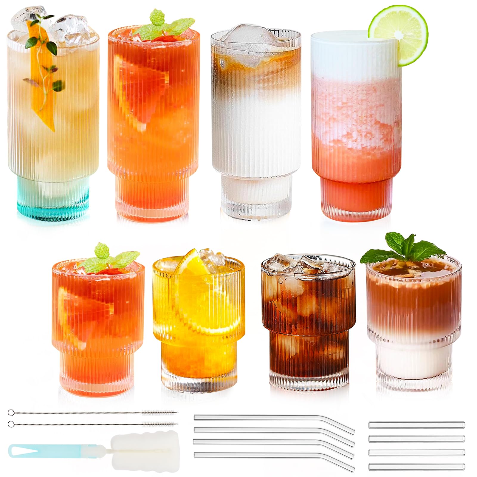 ZgoEC 8 Pack Ribbed Drinking Glasses, 12oz and 7oz Glass Cups with Glass Straws, Ribbed Glassware, Vintage Iced Coffee Cups Glassware for Coffee, Juice, Beer, Whiskey, Cocktail