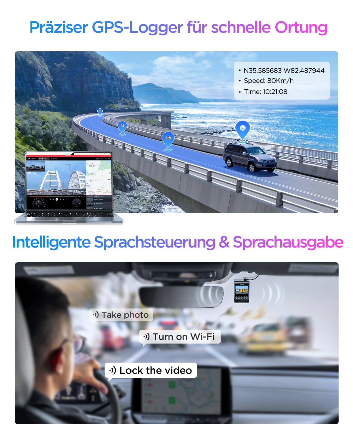 VIOFO A329S 3CH 4K Dashcam vorne hinten, 4K + 2K + 2K Dashcam Auto 3 Lens, Energiespar-Parkmodus, 210°Ultraweitwinkel Innenkamera, Wi-Fi 6 u. App Steuerung, Drei STARVIS 2 Autokamera, optional 4TB SSD