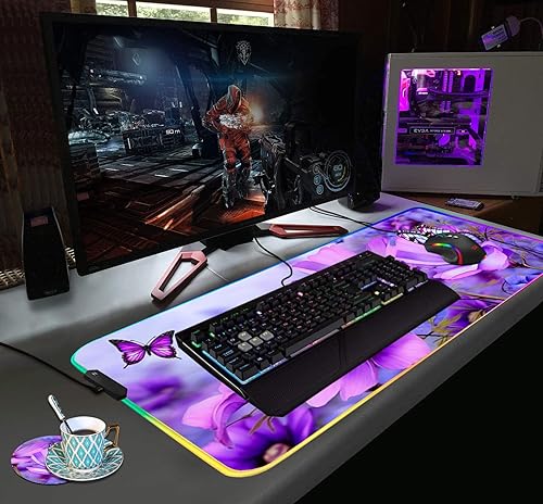Vista 70 de Alfombrilla de mouse RGB para juegos con posavasos para café, alfombrilla de mouse LED grande XXL, base de goma antideslizante, alfombrilla de mouse