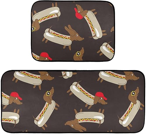 Tapete de cocina de perro caliente Dachshund de 2 piezas, alfombras de cocina de pelo bajo, acolchadas, absorbentes de agua, lavables, para