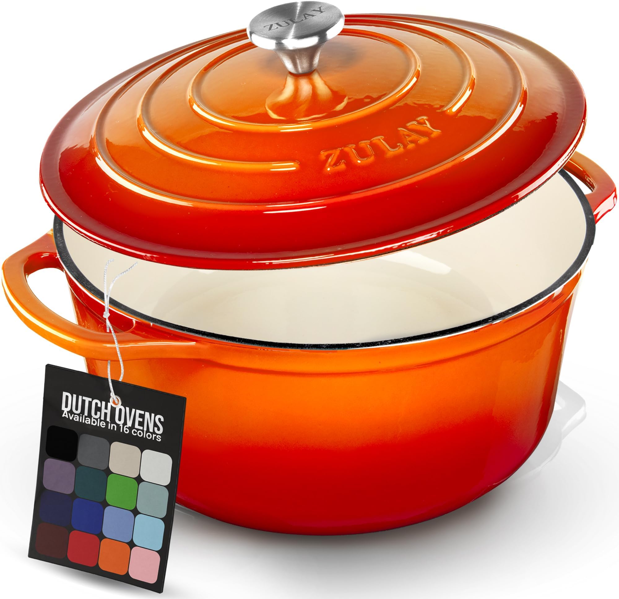 Zulay Kitchen 5 Quart Enameled Cast Iron Dutch Oven Pot with Lid – Premium Durability & Oven Safe up to 500°F – Heavy Duty Cookware Perfect for Bread Baking, Stews, Braising & Roasting – Orange