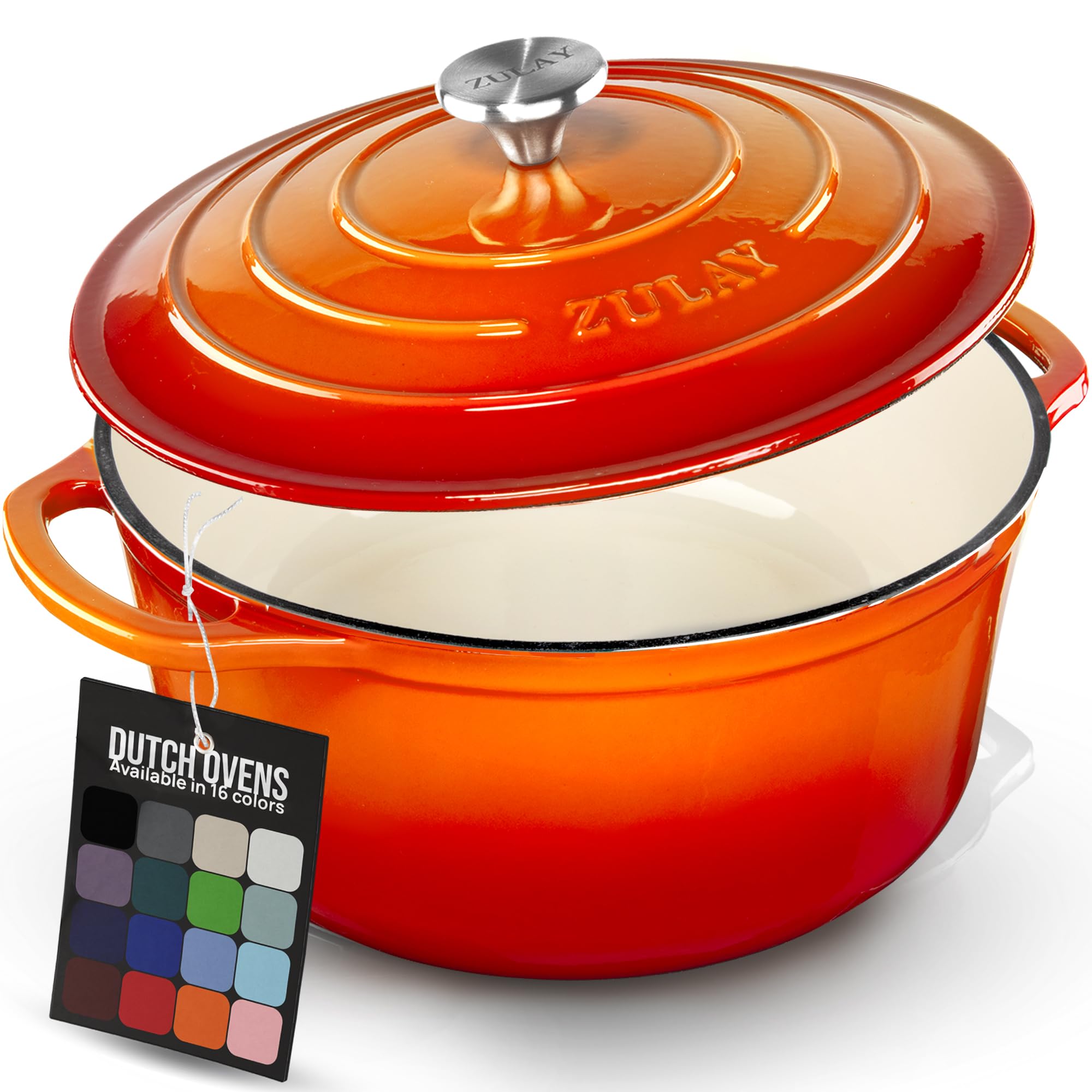Zulay Kitchen 5 Quart Enameled Cast Iron Dutch Oven Pot with Lid – Premium Durability & Oven Safe up to 500°F – Heavy Duty Cookware Perfect for Bread Baking, Stews, Braising & Roasting – Orange