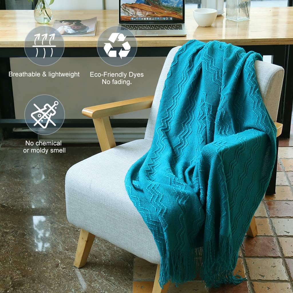 LANGRIA Soft Comfortable Knitted Throw Blanket with Tassels Attractive Wavy Pattern Warm and Lightweight for Sofa Coach Bed at Home and Outdoor Machine Washable Eco-Friendly (50x60-Inch, Teal)