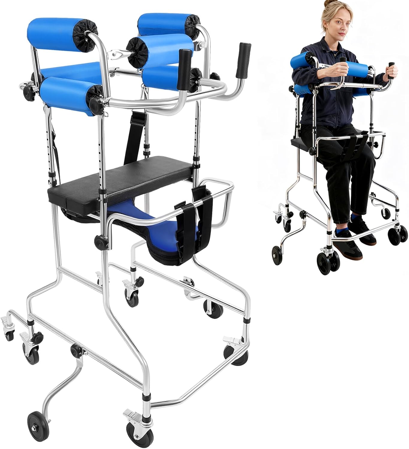 Adult Standing Walker for Seniors, Hemiplegia Rehabilitation Standing Frame, Lower Limb Training Walking Aid with Seat and Wheels, Suitable for People 58-71 in, withstands 220 lbs