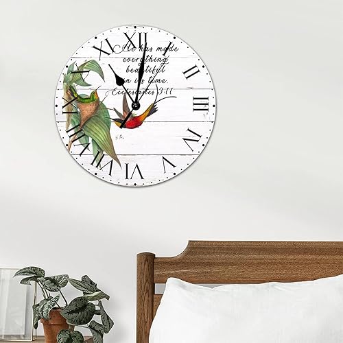 Miniatura 61 de ArogGeld He Made Everything Beautiful - Reloj de pared de PVC con flores rosadas, colibrí, reloj de pared grande con cita y números romanos, reloj