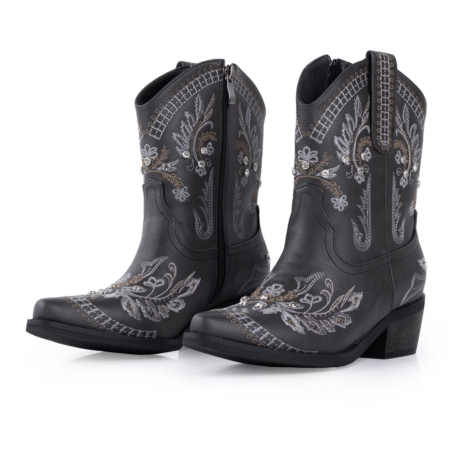 Krypthixor Rhinestone Ankle Cowboy Boots for Women Embroidered Short Cowgirl Boots with Low Heel Side Zipper Comfortable Chunky Heel Western Booties