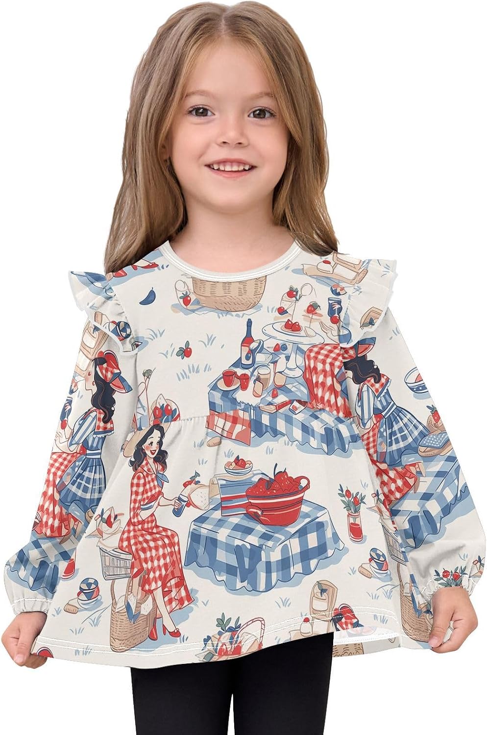visesunny Toddler Clothes for Girls Sweetheart Picnic Style Long Sleeve Fall Shirts Cotton Top with Ruffle Collar