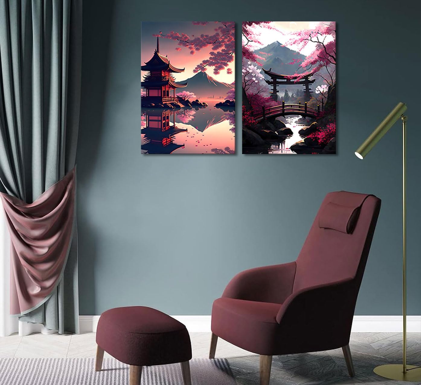 2Pcs Japanese Canvas Wall Art Japan Landscape Posters Prints Sakura Wall Decor Pictures for Living Room Bedroom Home Decoration, 12x16in