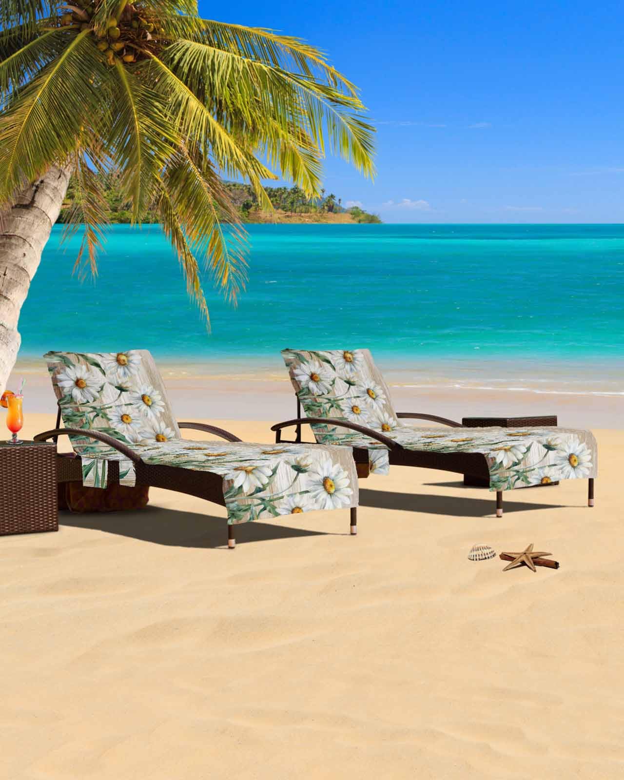 Daisy Flower Beige Beach Chair Cover with Side Pockets, Microfiber & Quick Dry Pool Chaise Lounge Chair Towels Covers for Sun Sunbathing Patio Garden Hotel, Retro Floral Plant Farmhouse Wooden