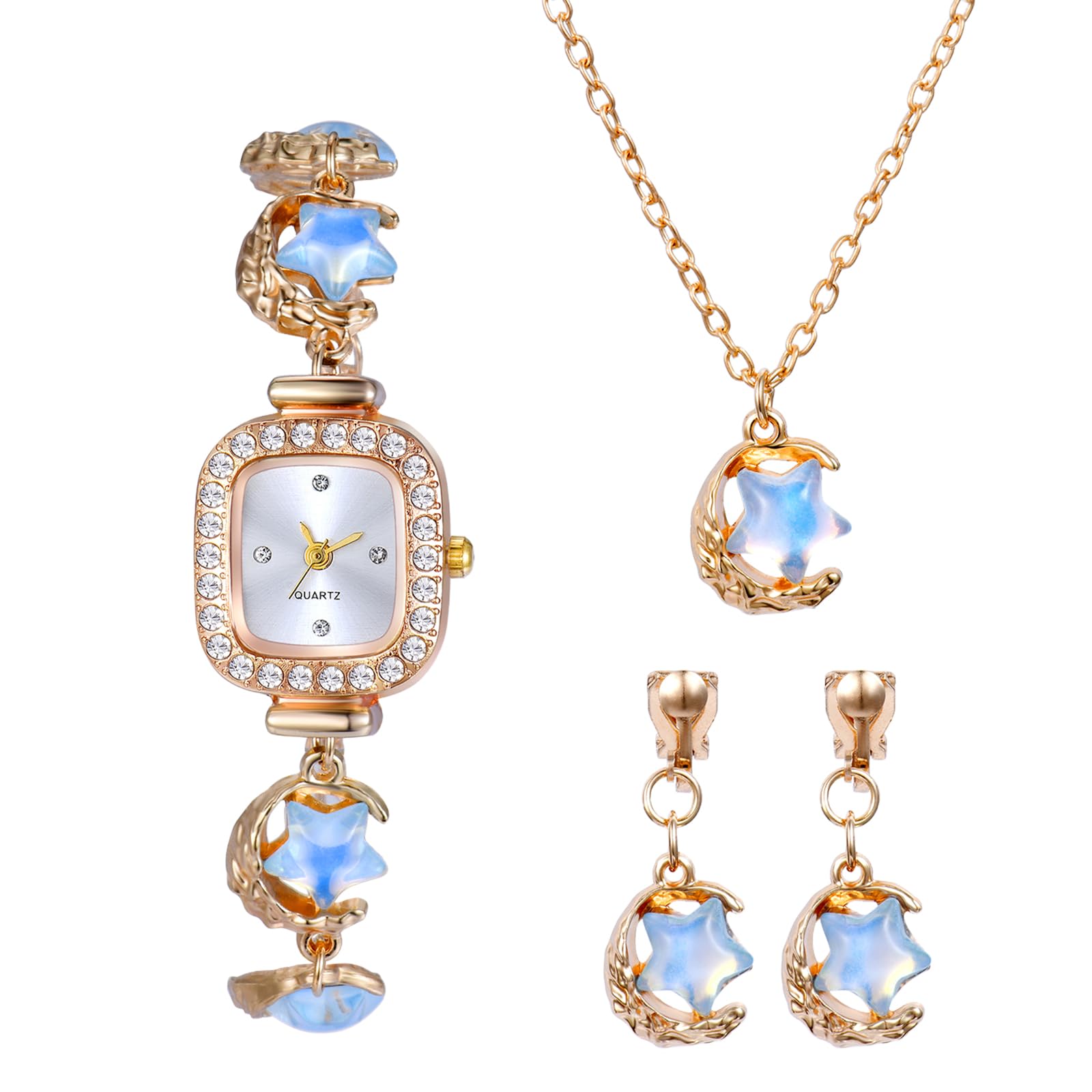Women's Watch Jewelry Set: Fashion Small Square Dial Analog Quartz Bracelet Watch Imitation Moonstone Moon Star Earrings Necklace Set for Ladies Women