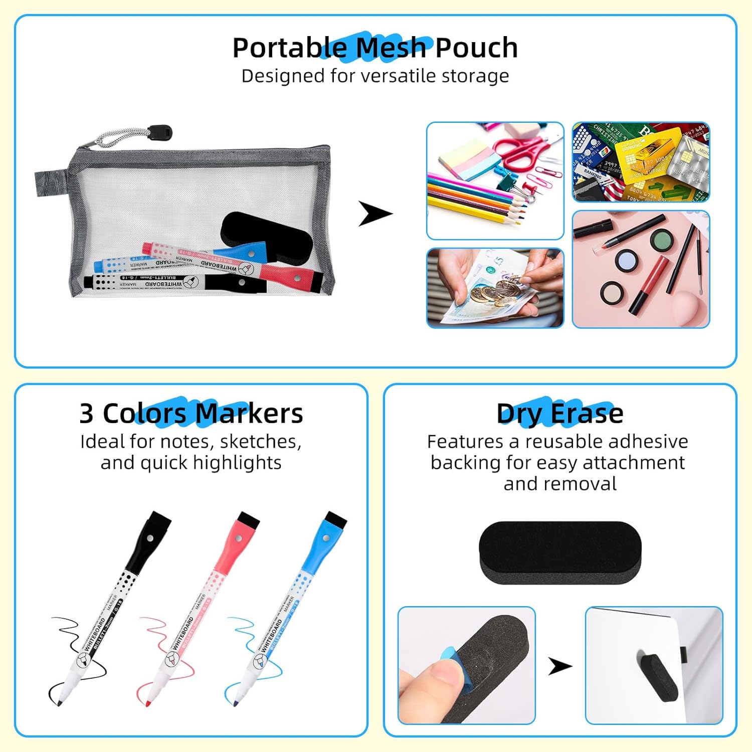 AGM Portable White Board Dry Erase Notebook, 12" x 9" Double Sided Folding Whiteboards with 3 Pens, Small Travel Dry Erase Board Skin-friendly Material for Study, Meeting, Planning, Ocean Blue