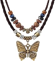 Boho Butterfly Pendant Necklace for Women - Adjustable Wooden Beads Layered Leather Choker, Vintage Tribal Statement Jewelry Gift
