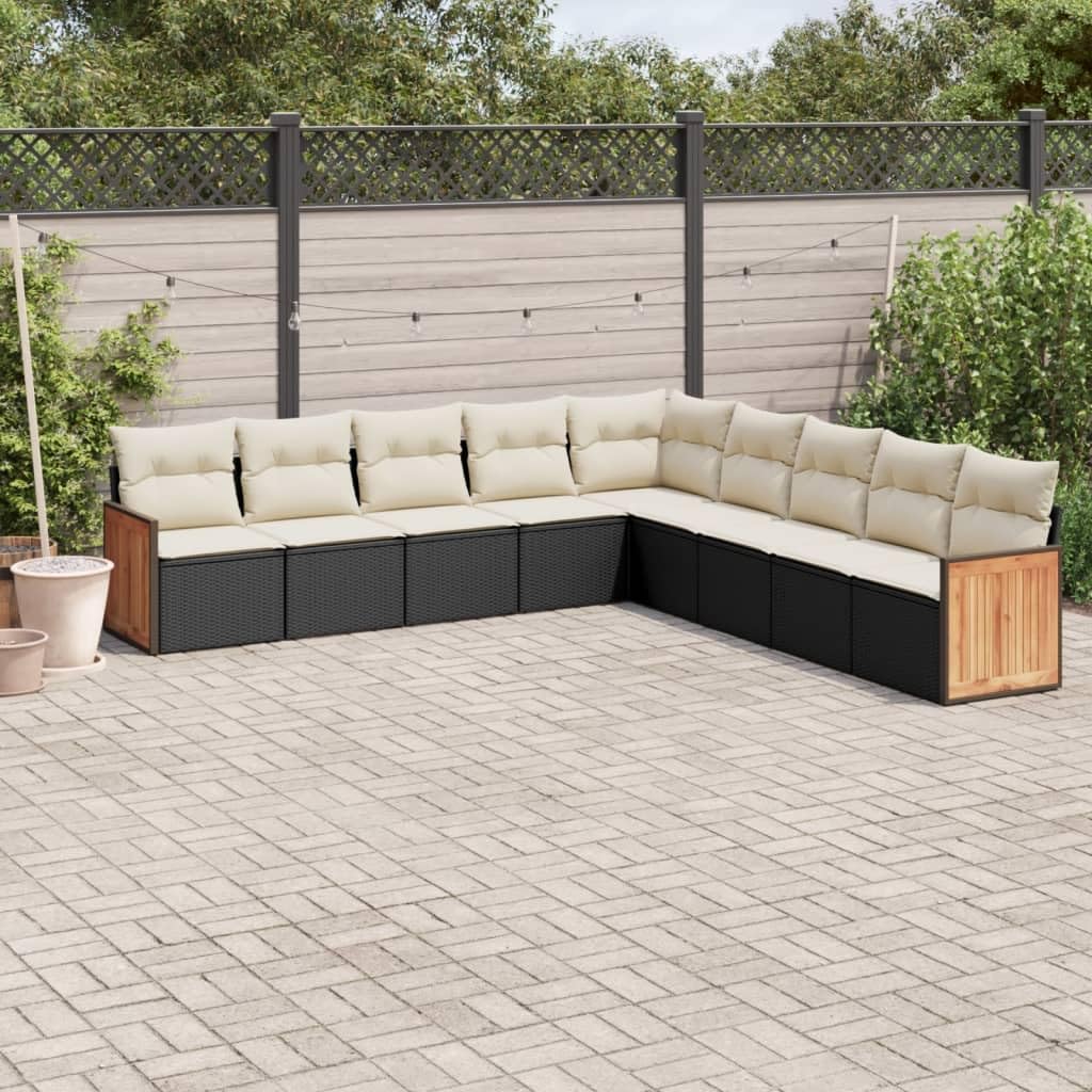 Set di divani da giardino in polyrattan con cuscino, set da 9 pezzi, resistente alle intemperie, per terrazza, balcone e veranda, include divano, poltrona, tavolo e panca