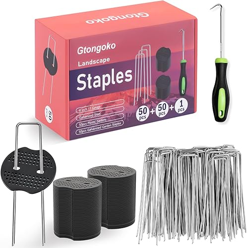 Gtongoko Grapas de paisaje de 6 pulgadas, calibre 11, 50 estacas de jardín + 50 juntas + 1 gancho de recogida, estacas galvanizadas para patio para