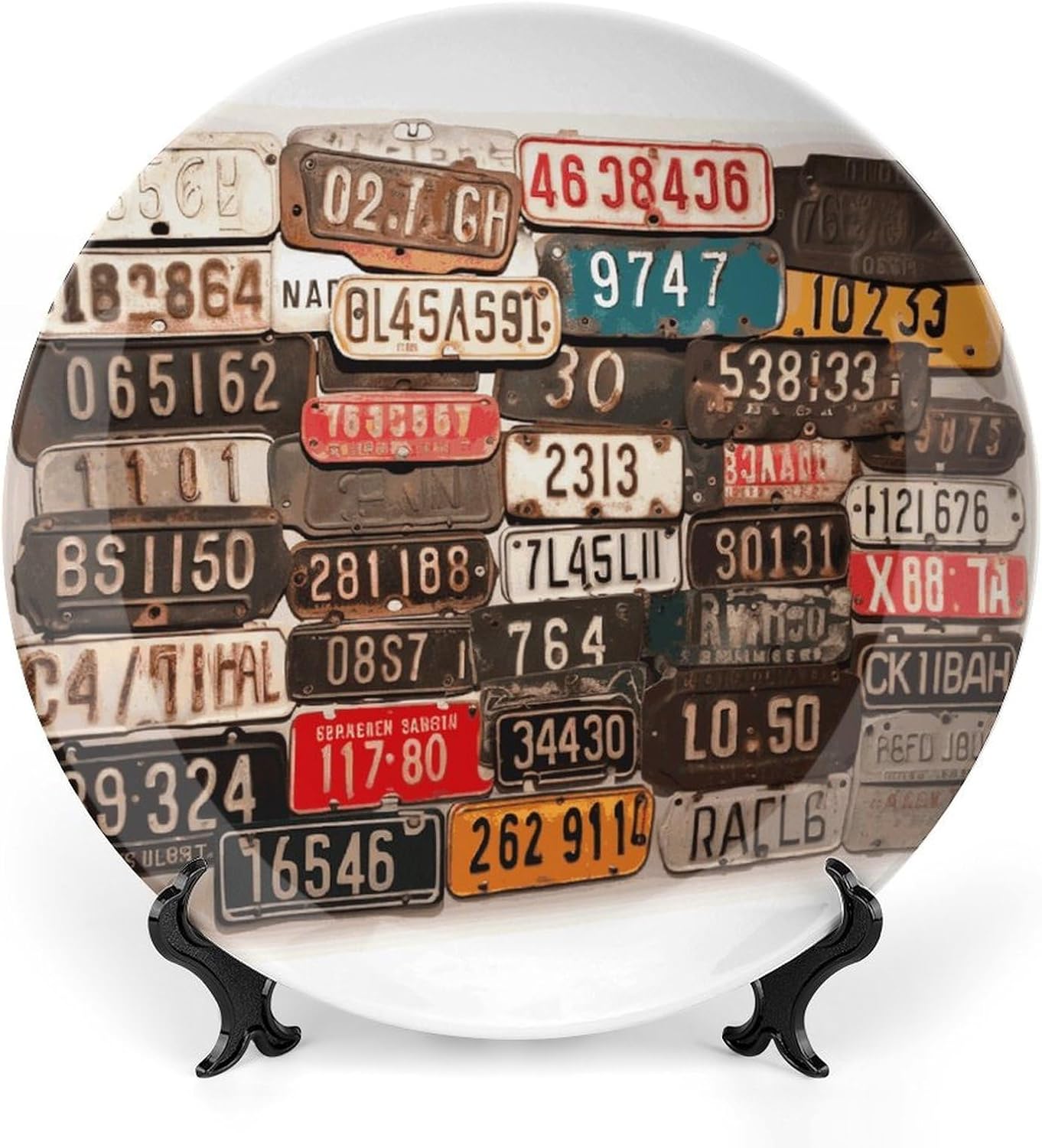 Old License Plate Ceramic Plate 10inch Decorative Bone China Wall Hanging Ornament Plates Bohemian Style Dinner Plate with Display Stand Cabinet Display Plates for Home Art Decor