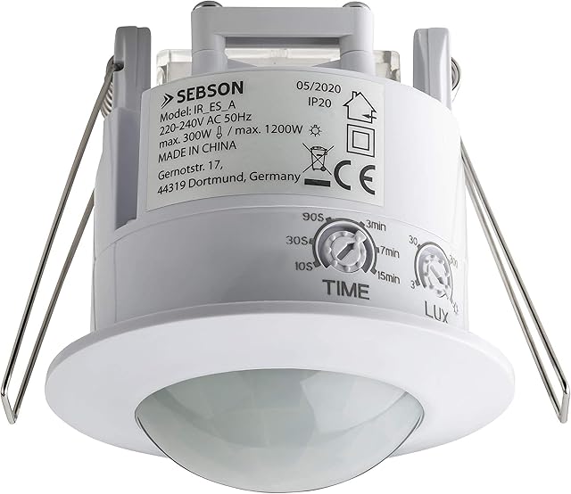 SEBSON PIR Sensor Indoor, Ceiling Flush Mounted, Infrared Motion Sensor, LED suitable, Range max. 6m/360°, max. 1200/300W, IP20, white