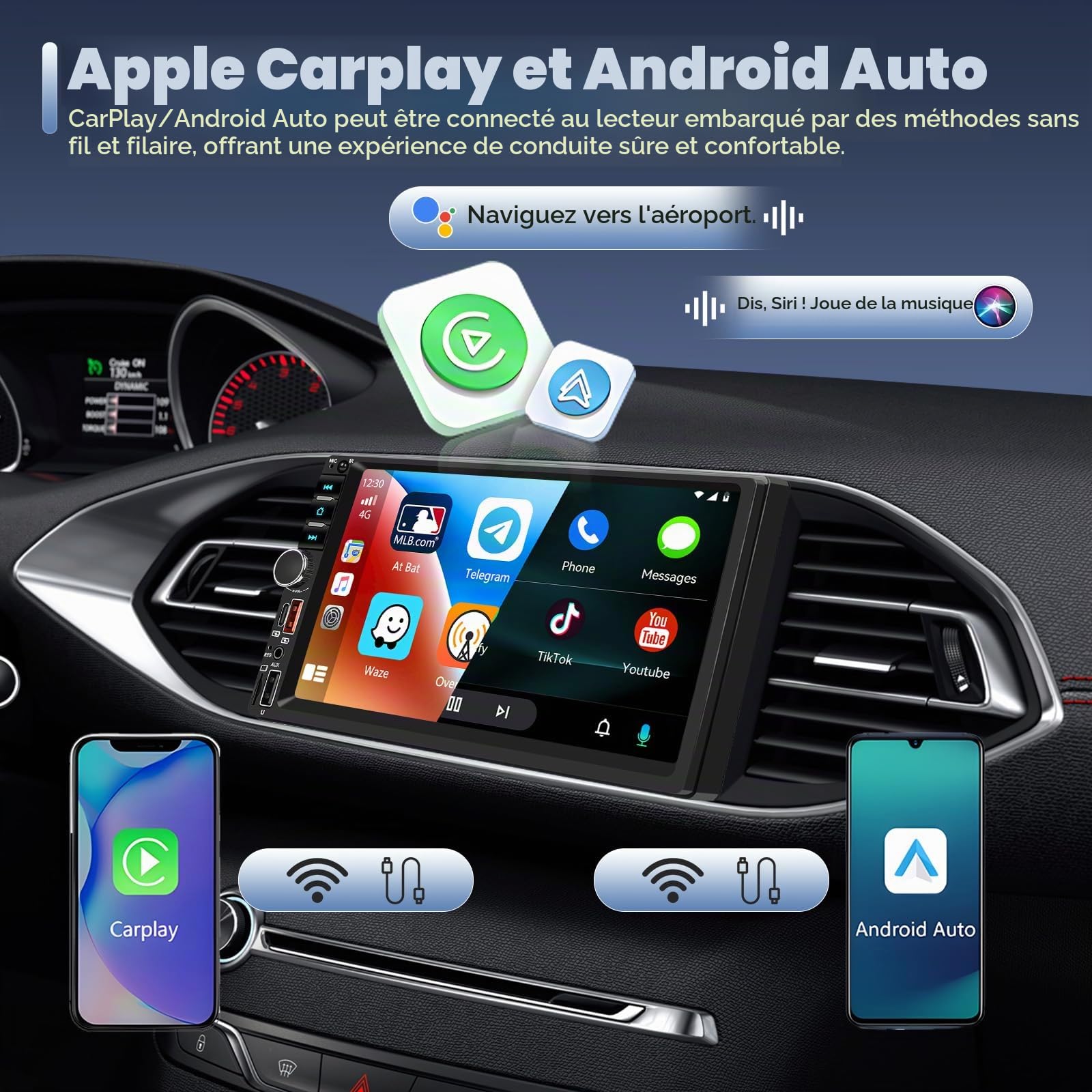 Inefala Autoradio Bluetooth 2 Din avec Voiture Android sans Fil 7 Pouces Écran Tactile Stéréo Voiture Prend en Charge Bluetooth Miroir Lien FM Radio 2 USB Type-C EQ AUX avec Caméra Arrière