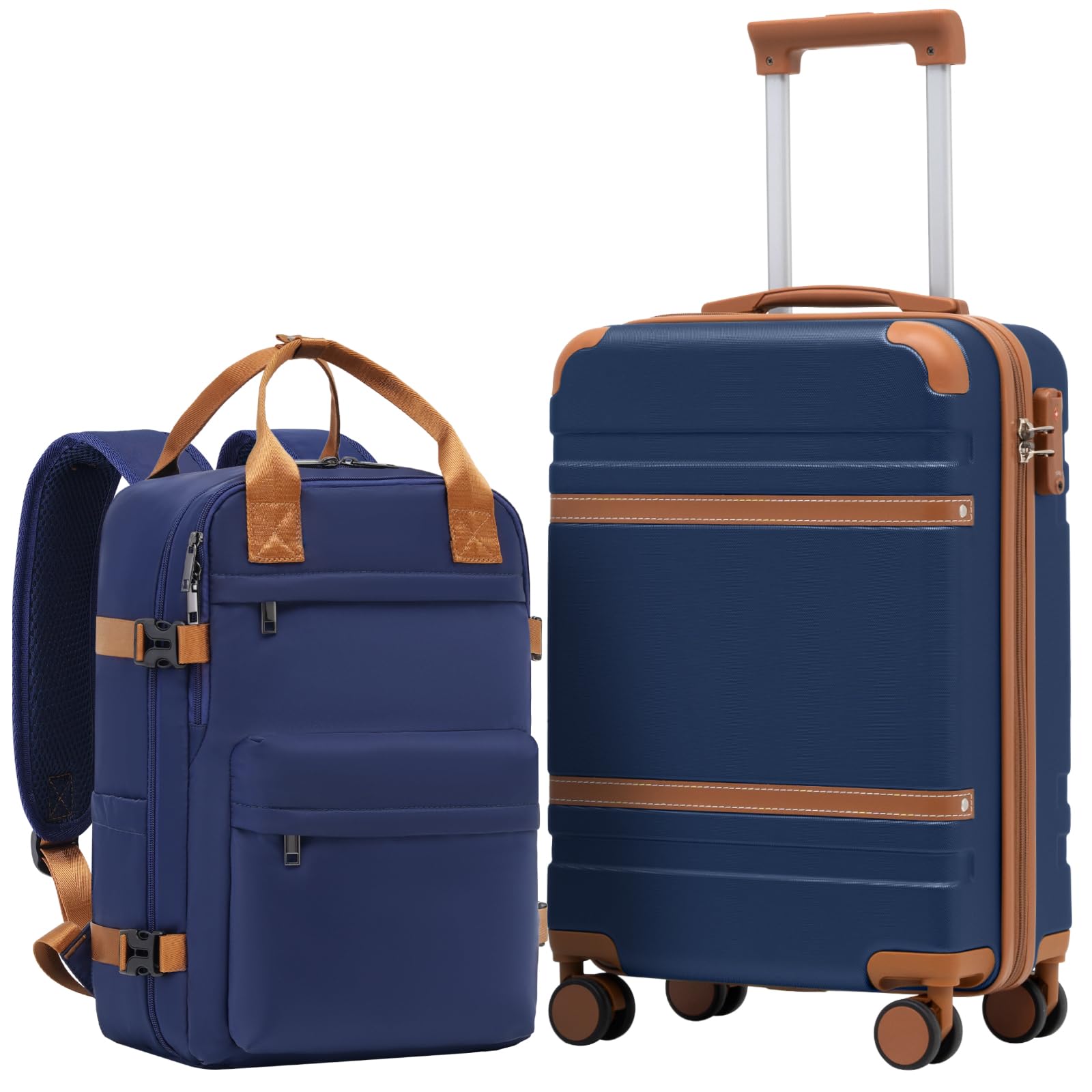 COOLIFE Ryanair Valigia Bagaglio a mano,Set di Valigie,Trolley,Valigia da cabina 55×35×20 e zaino da imbarco 20L(40×25×20cm) Chiusura a combinazione laterale con TSA (Blu Marrone, 55×35×20 -Set 2pzs)