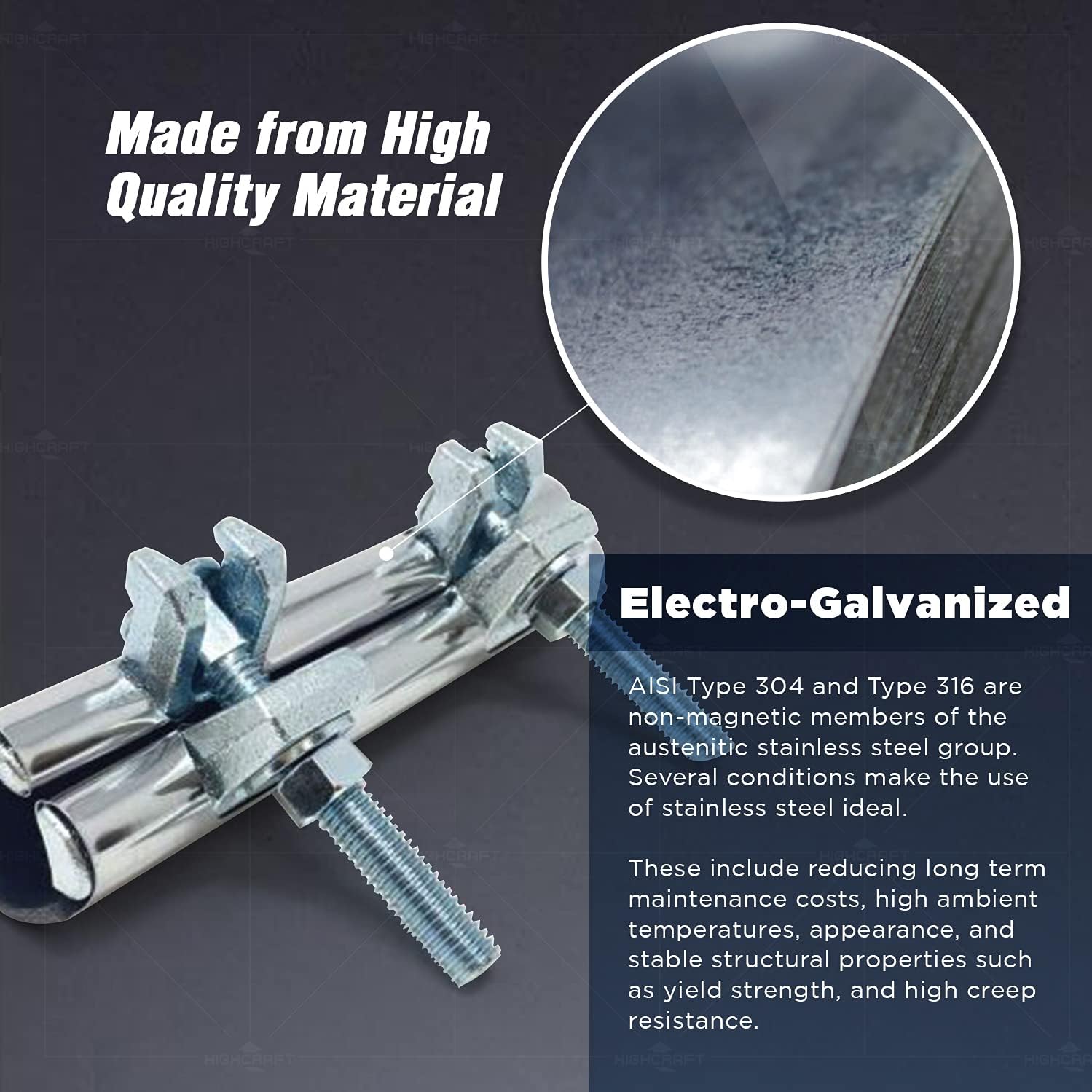 HIGHCRAFT 60300TTSD-5, Single Pipe Repair Clamp 3'', Double Bolt, 6” Long, Stainless Steel (5 Pack), Chrome