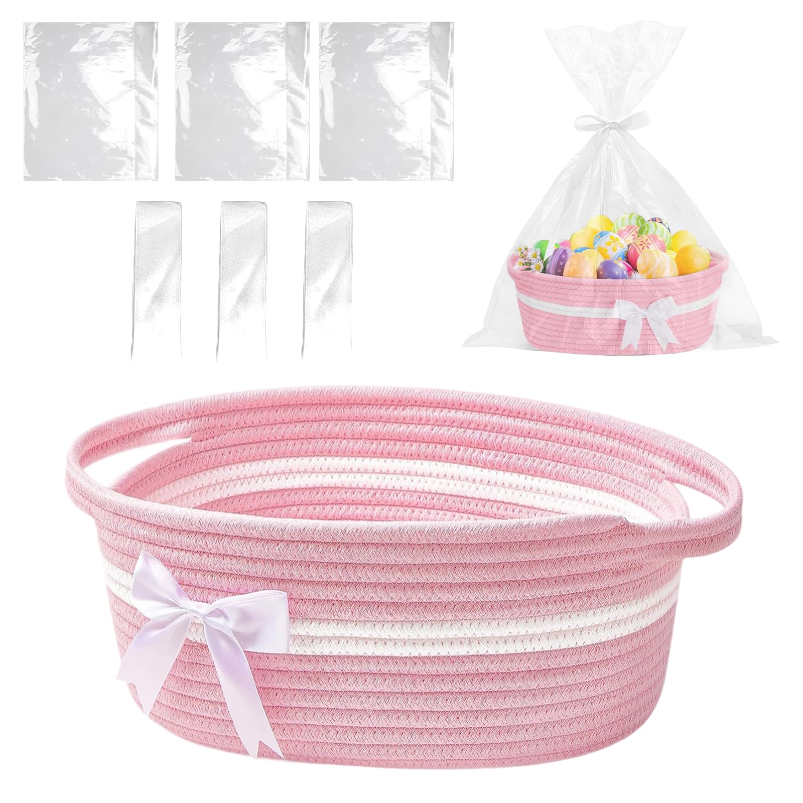 Panier cadeau, panier de rangement ovale tressé vide avec sac cadeau et rubans, panier de rangement pour collations, jouets, cadeaux, anniversaire, Thanksgiving, Noël (rose/blanc)