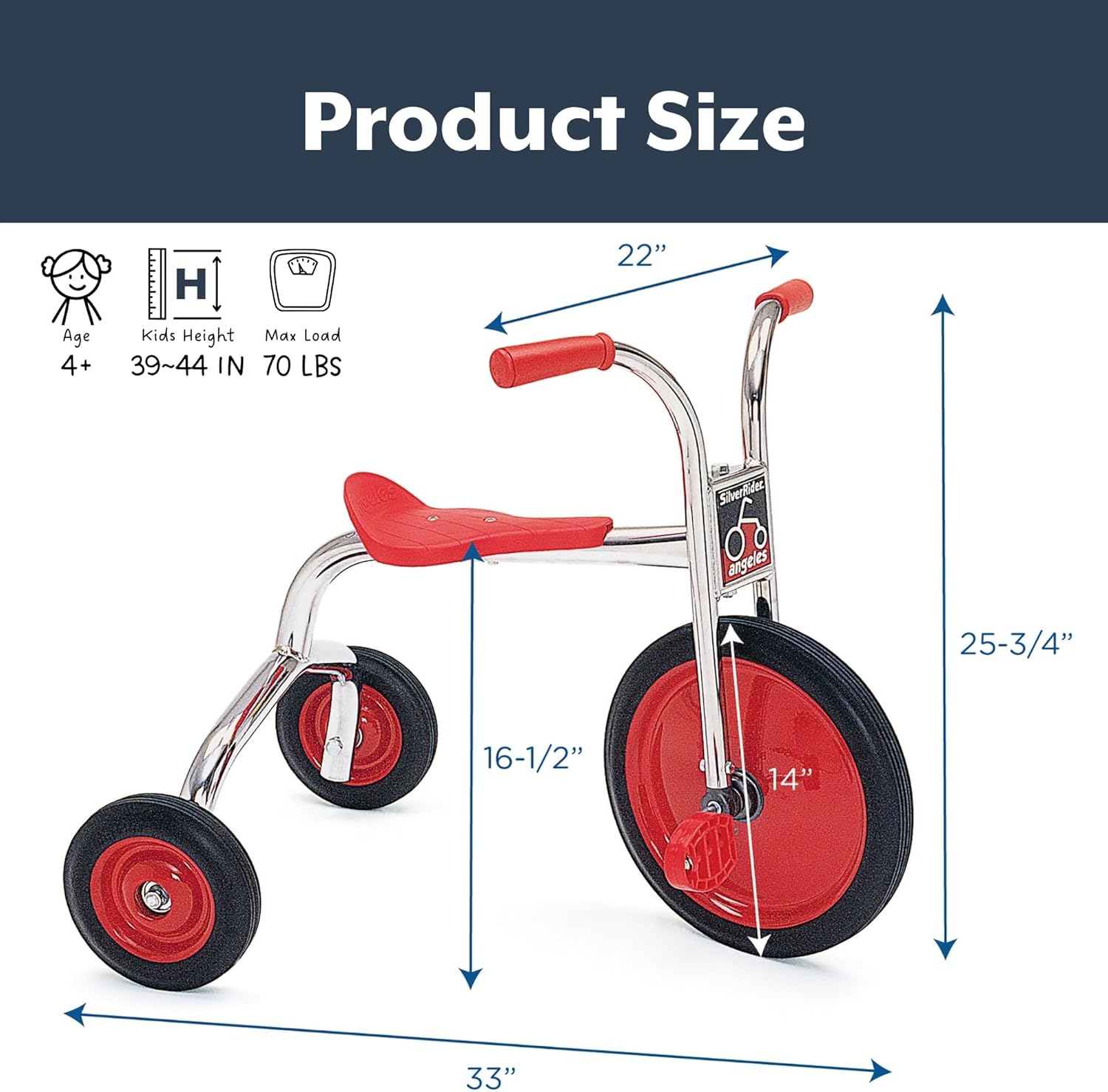 Angeles SilverRider Kids Tricycle, Toddler Tricycle with Solid Airless Rubber Tires, Kids Bike for Preschools and Daycare, Ages 4+, 16.5" Tall Seat