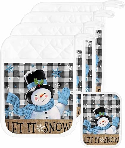 Juego de 5 agarraderas de tela de toalla antideslizantes y con aislamiento térmico con bolsillo, guantes gruesos para horno, posavasos para hornear,