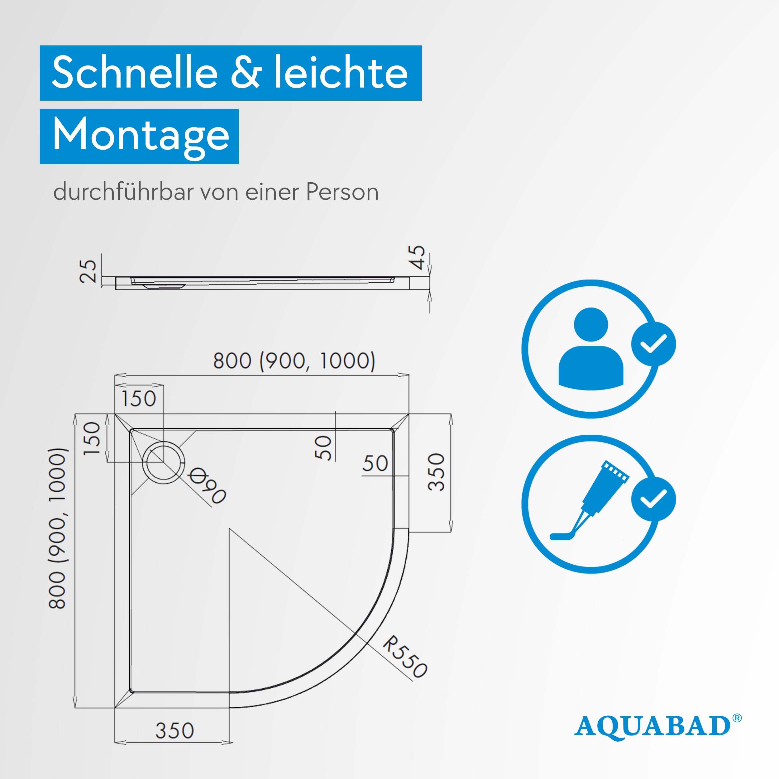 AQUABAD Duschwanne/Duschtasse | Basic Smooth White 90x90cm R55 Viertelkreis