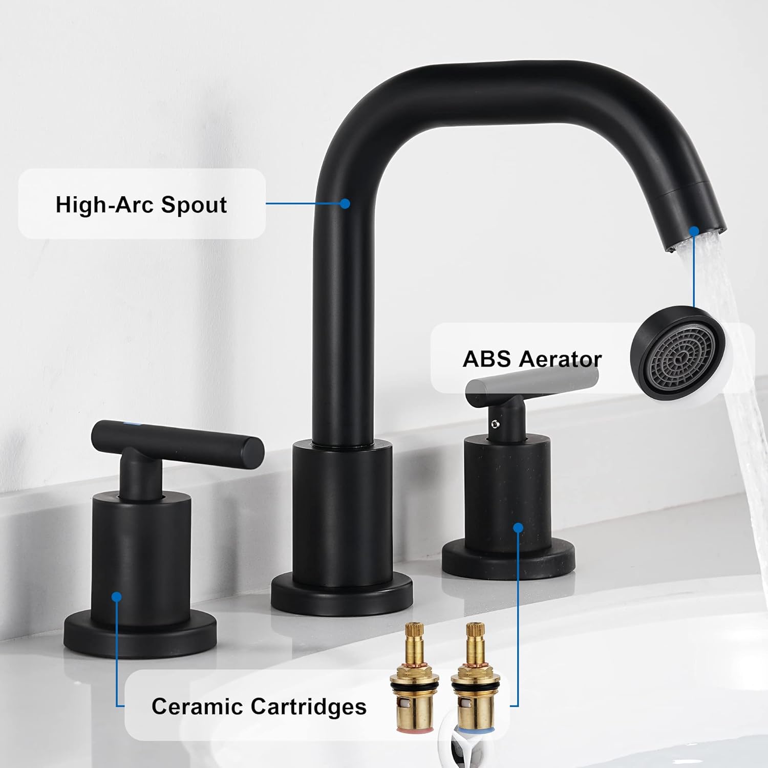 Black Bathroom Faucet 3 Holes - Two Handles Widespread 8 inch Bathroom Sink Faucet 3 Pieces Basin Faucets 360 Degree Swivel Spout Vanity Sink Faucet with Drain & Supply Hoses